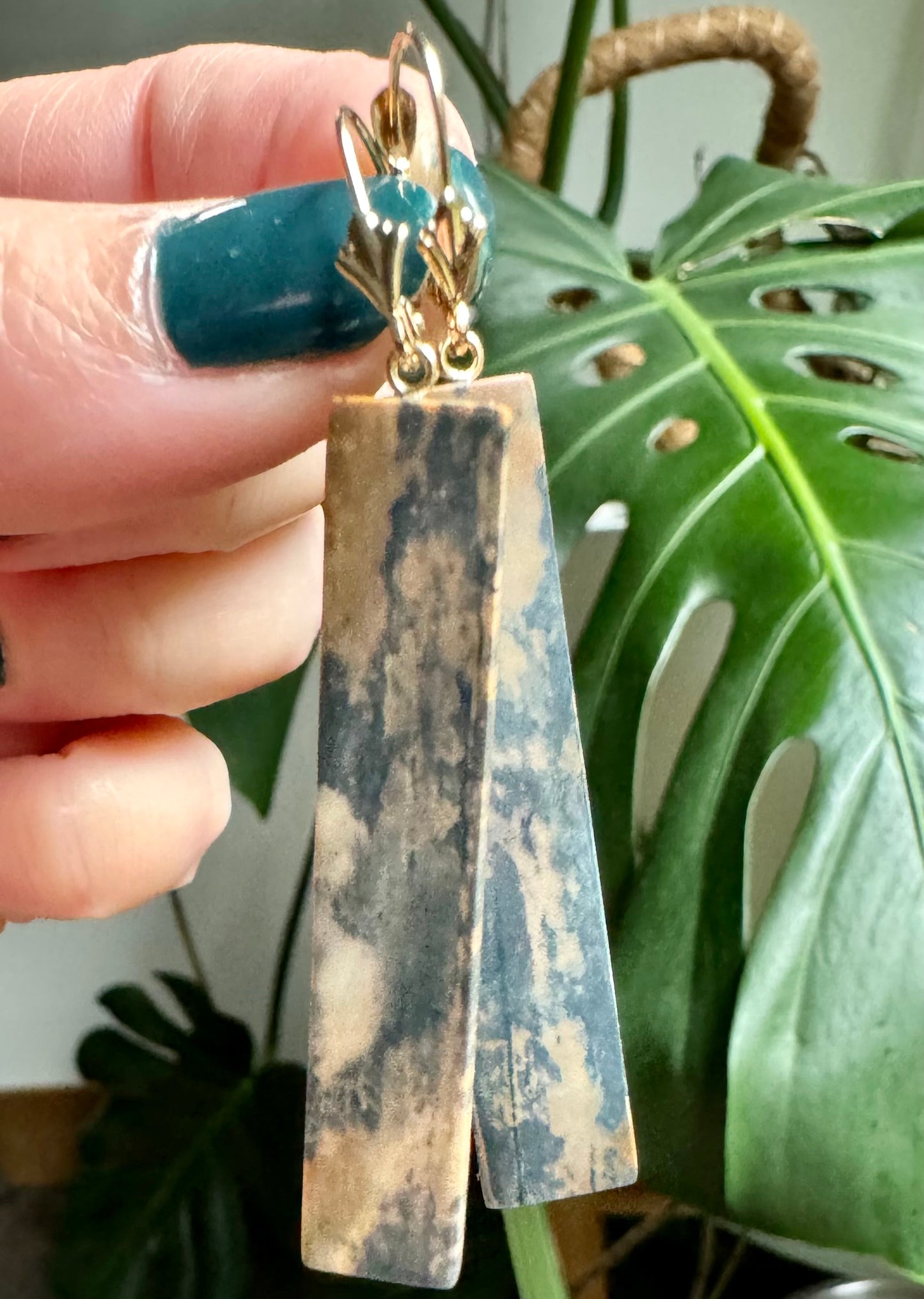 Fossil Walrus Ivory Rare Blue Rectangle Earrings