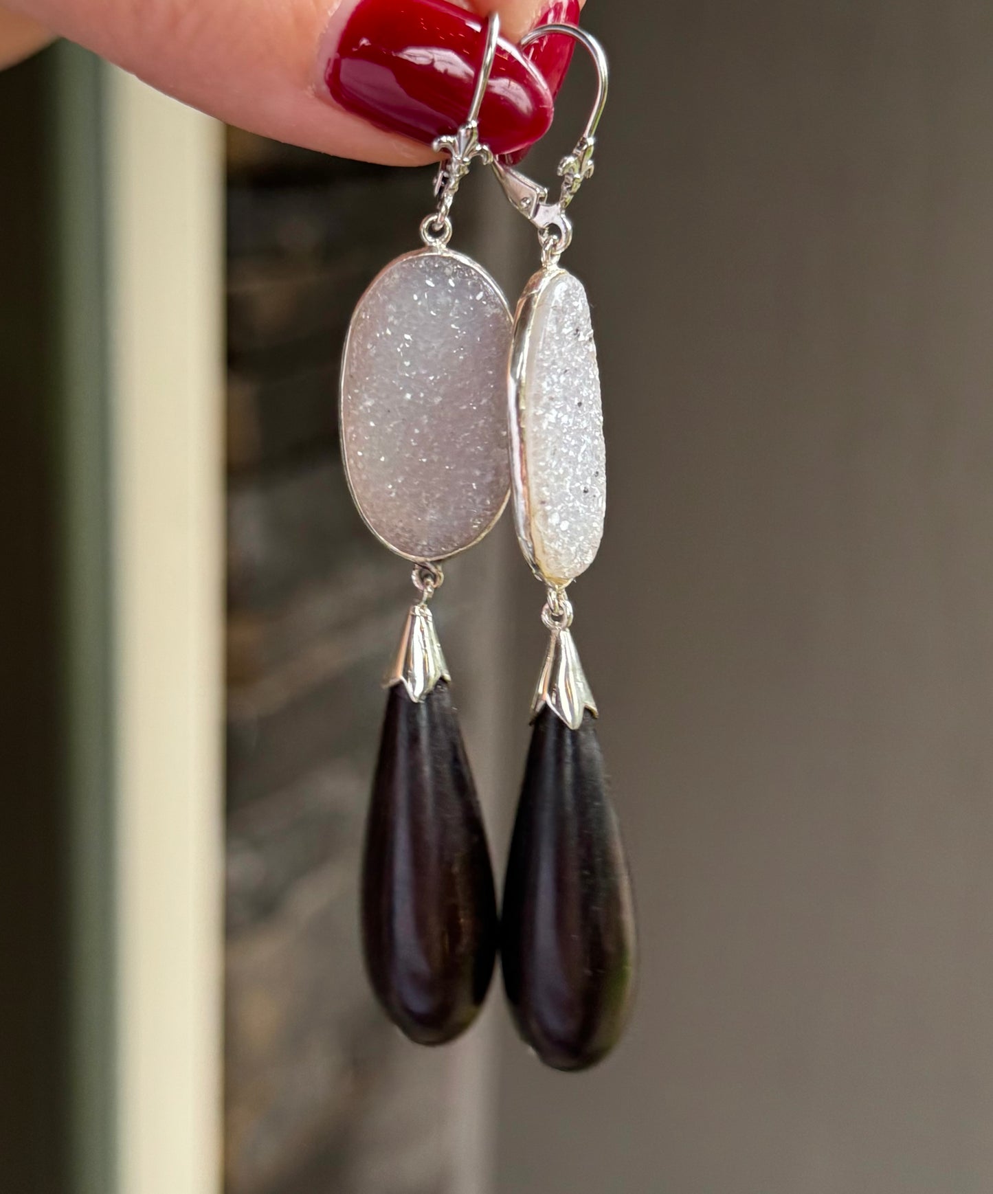Vintage Ebony Drop and Druzy Earrings