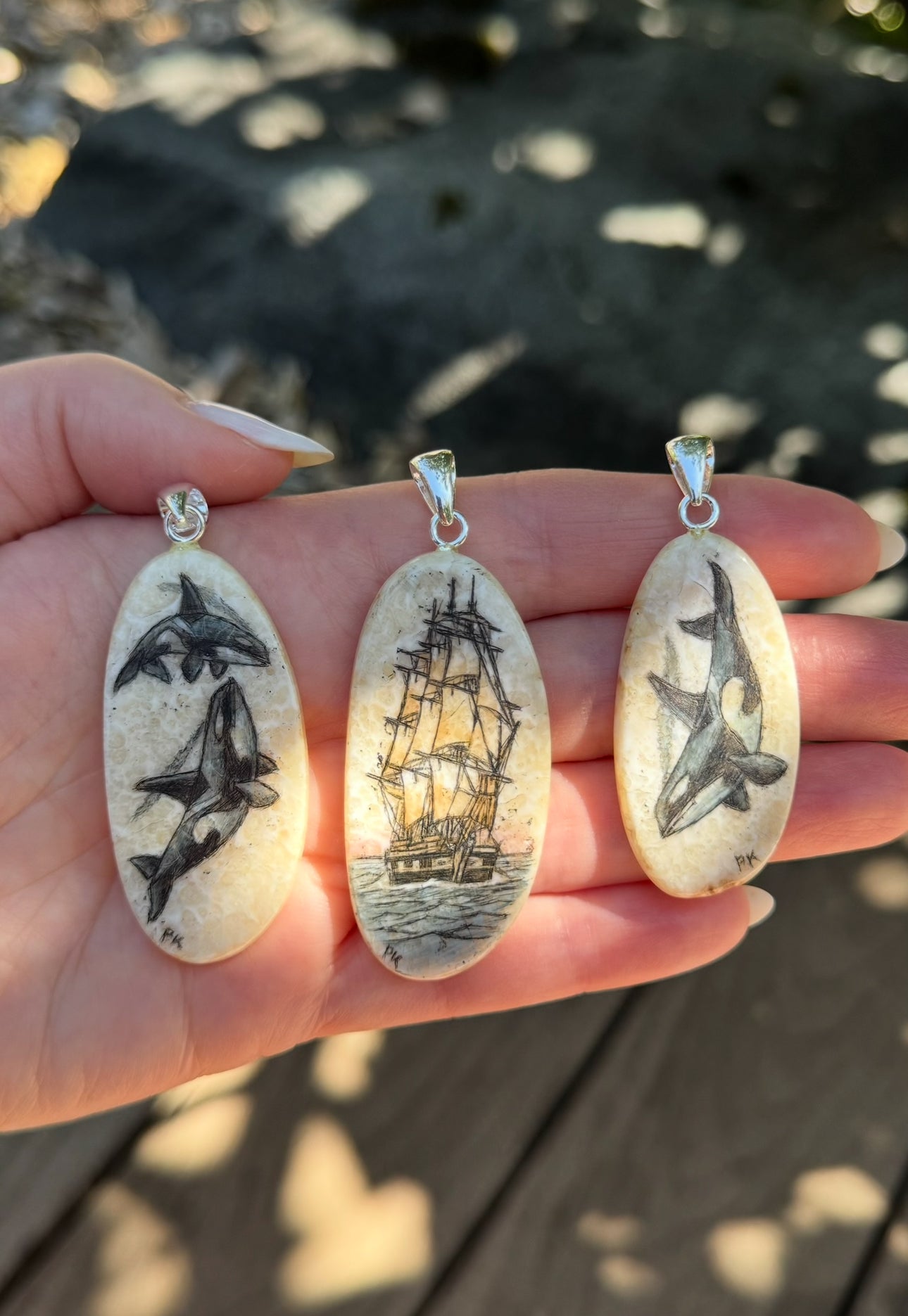 Fossil Walrus Scrimshaw Pendant