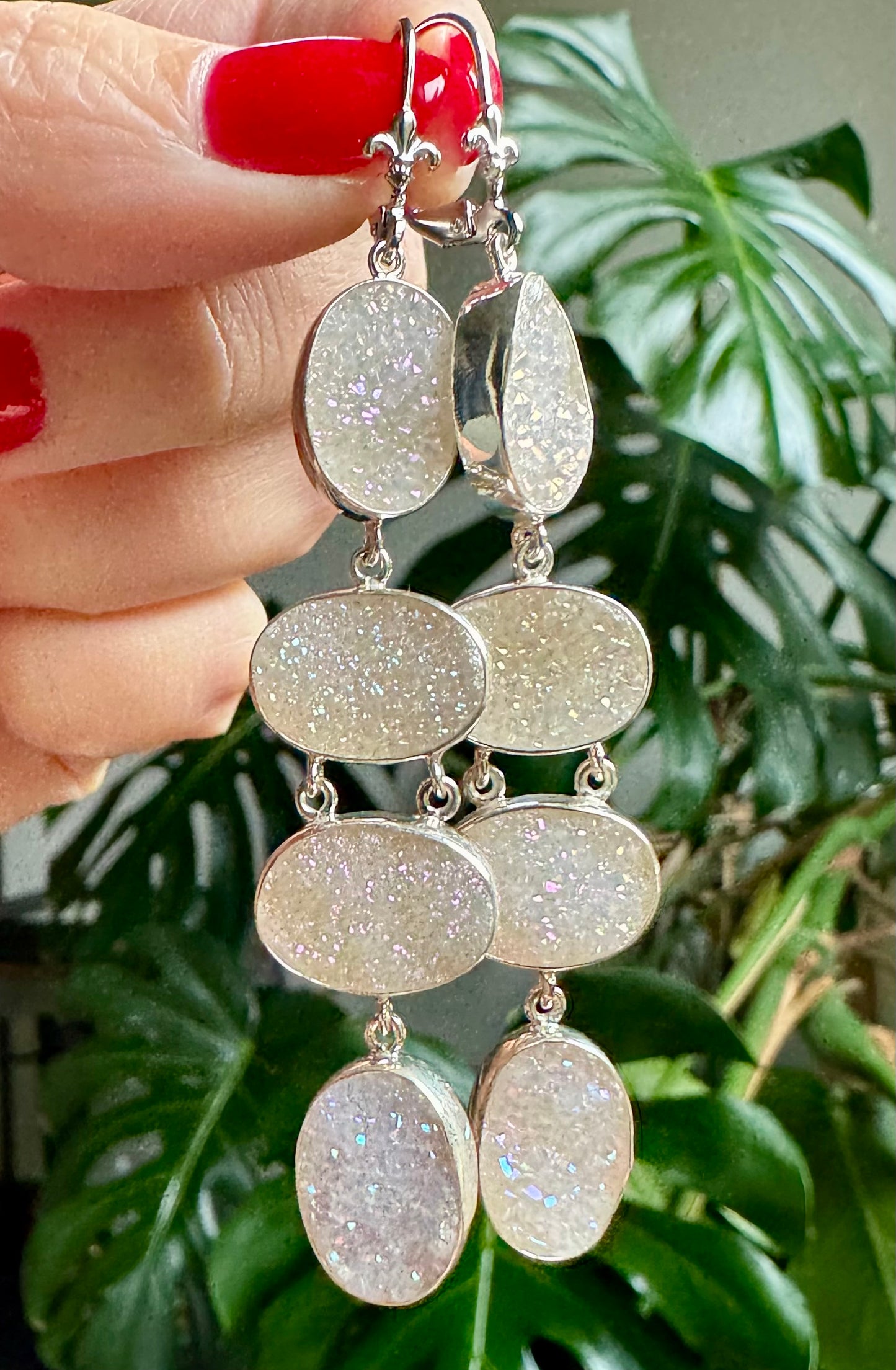 Iridescent White Druzy Oval Earrings