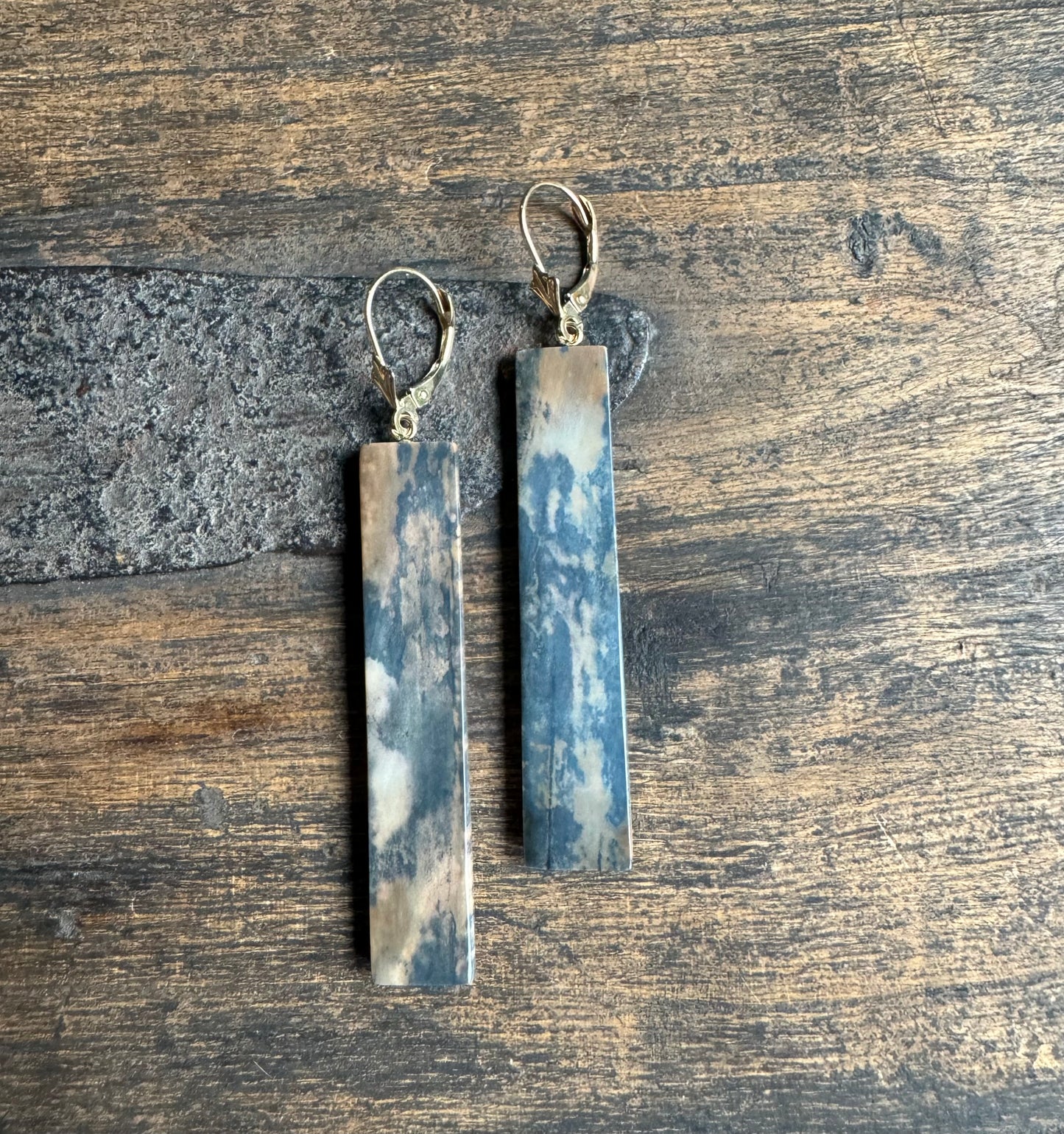 Fossil Walrus Ivory Rare Blue Rectangle Earrings