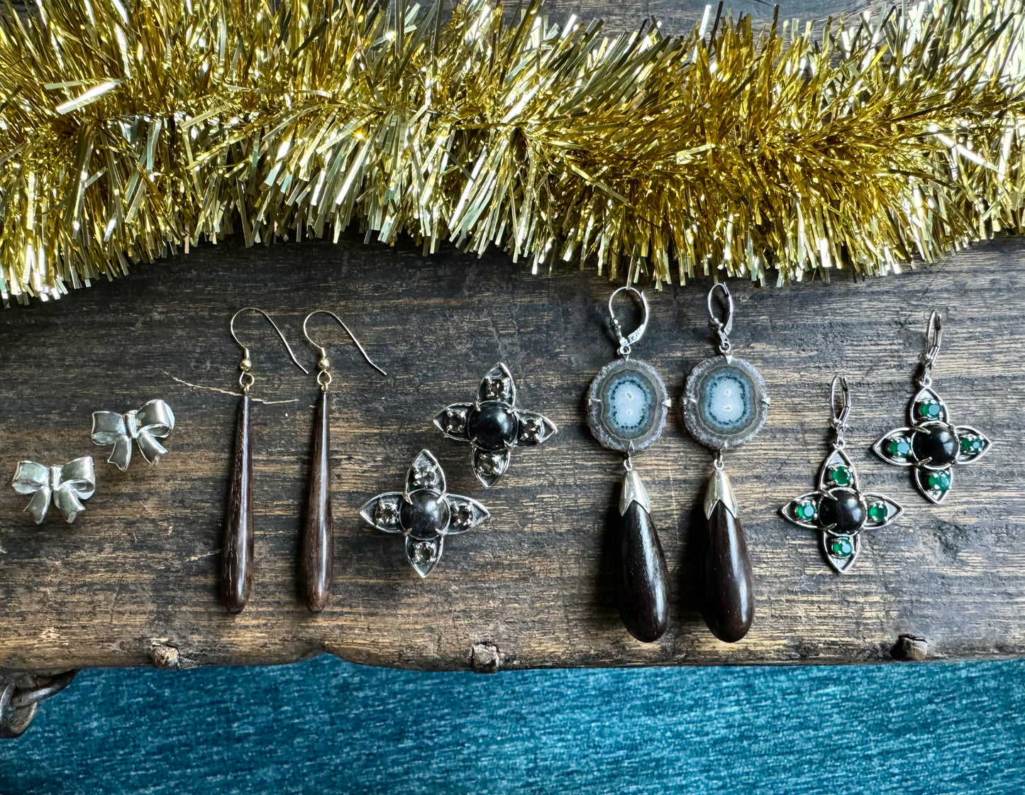 Vintage Ebony Wood + 14kt Gold Long Drop Earrings