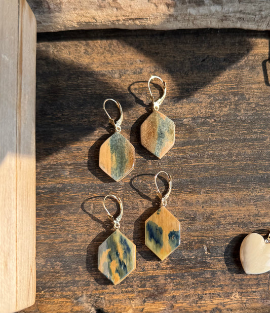 Rare Blue Mammoth Ivory + 14kt Gold Hexagon Earrings