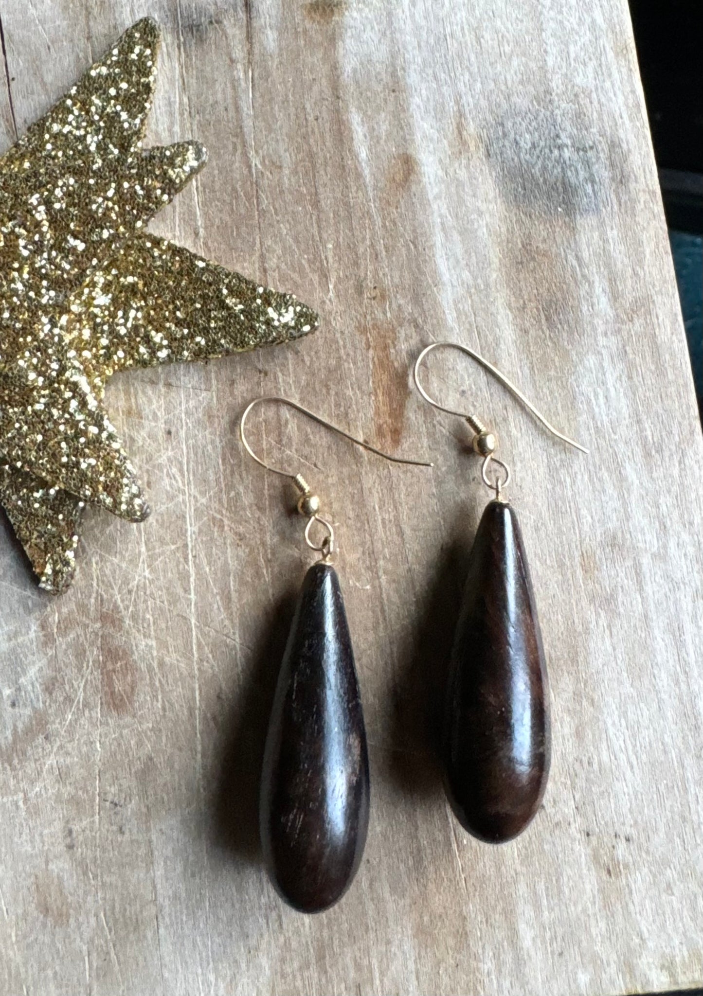 Vintage Ebony Wood + 14kt Gold Drop Earrings