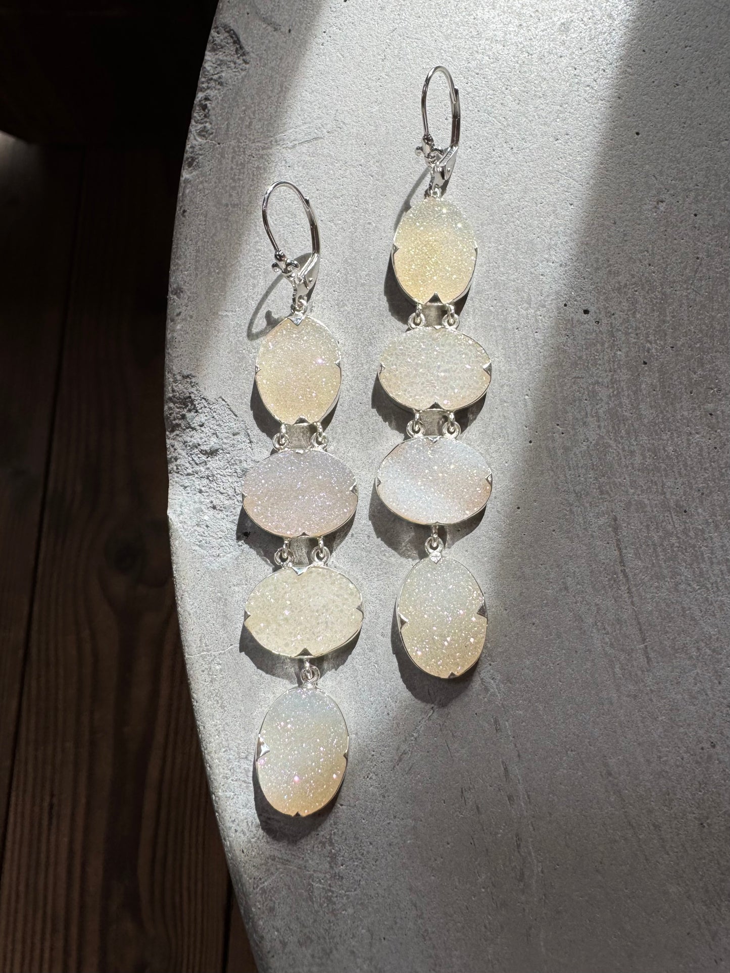Iridescent White Statement Druzy Oval Earrings
