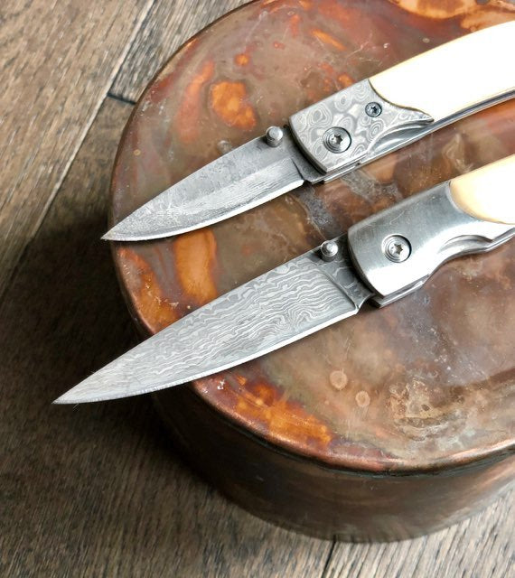 Ursa Blizzard Fossil Walrus Ivory Damascus Pocket Knife