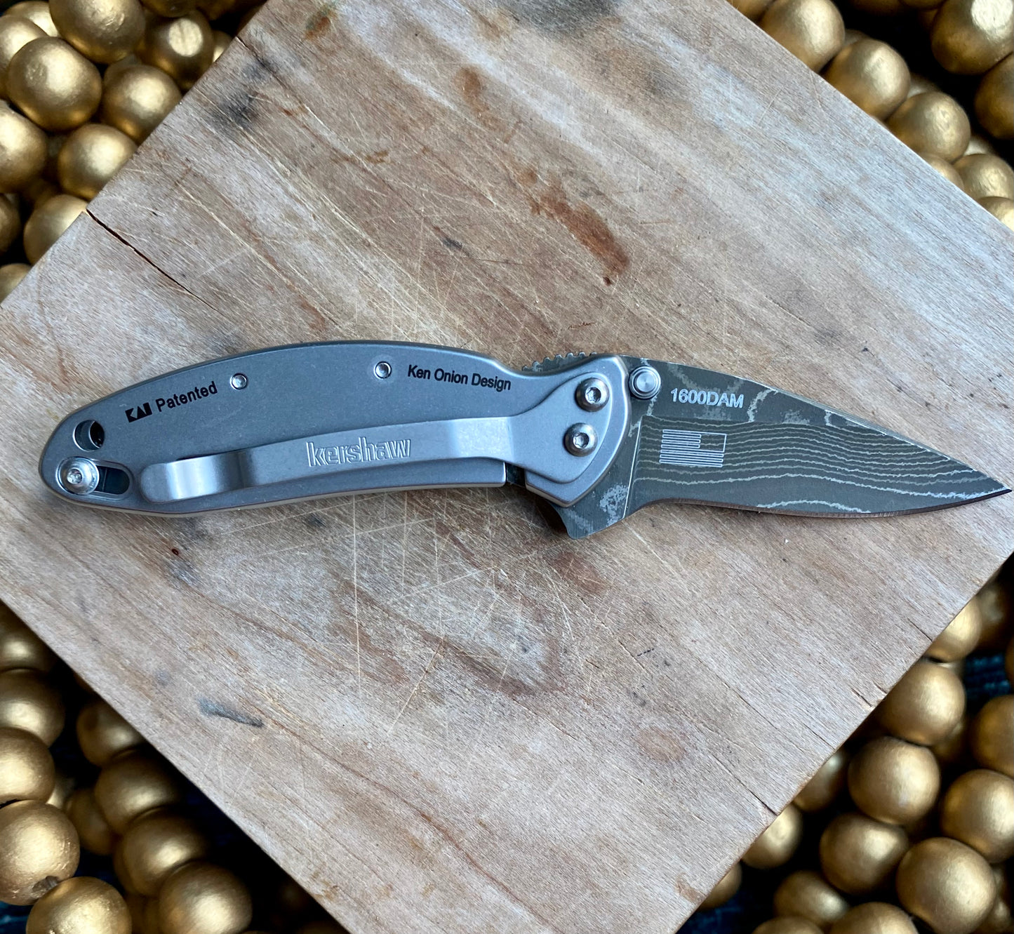 Kershaw Damascus Chive Mammoth Tooth Pocket Knife