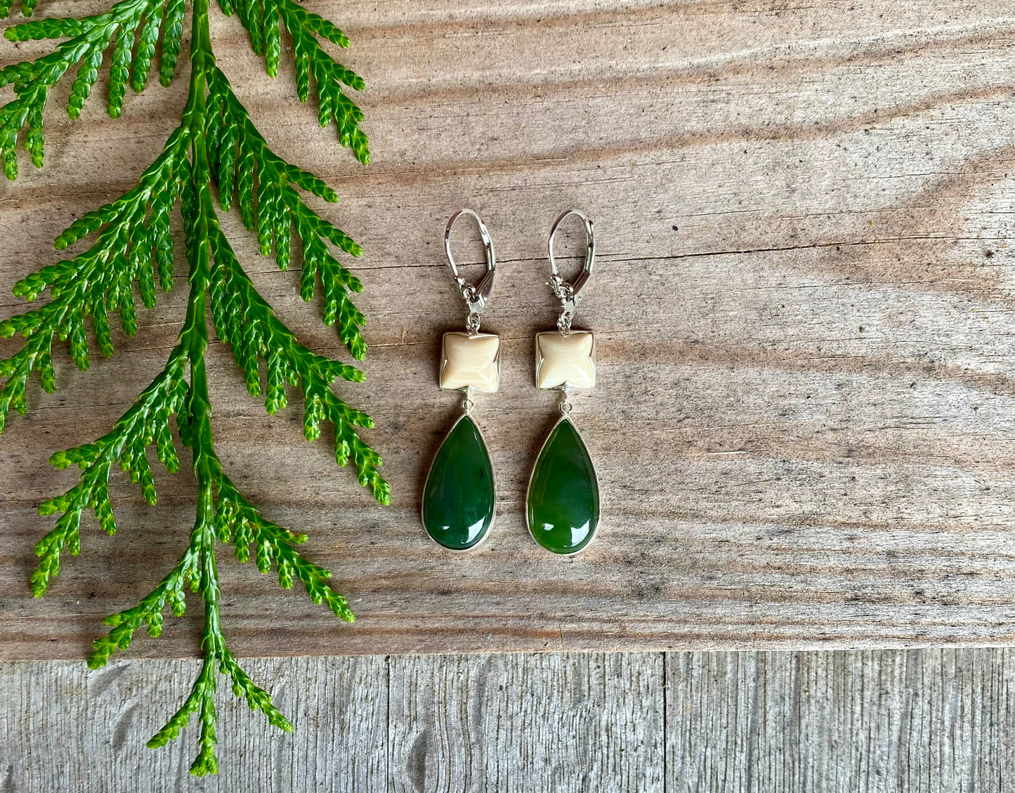 Mammoth Ivory Pyramid + Jade Drop Earrings