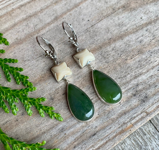 Mammoth Ivory Pyramid + Jade Drop Earrings