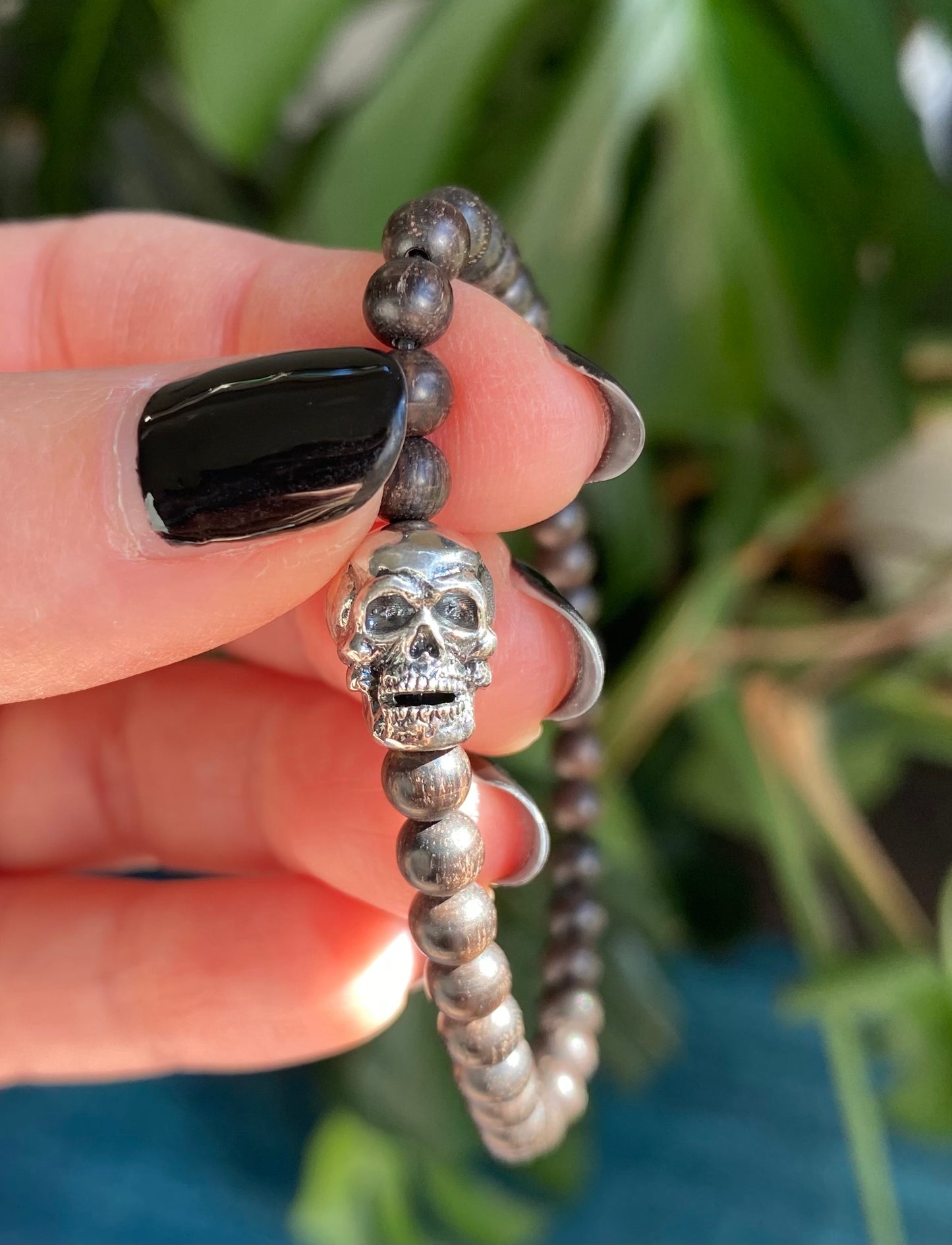 Vintage Ebony & Sterling Silver Skull Bracelet