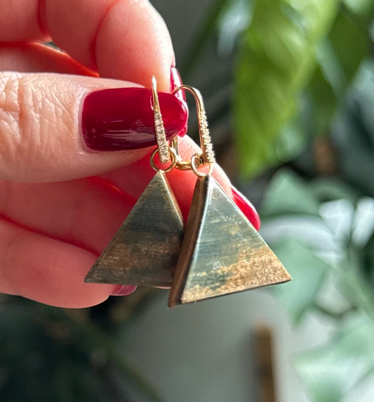 Rare Blue Mammoth Ivory + Diamonds 14kt Lever Back Triangle Earrings