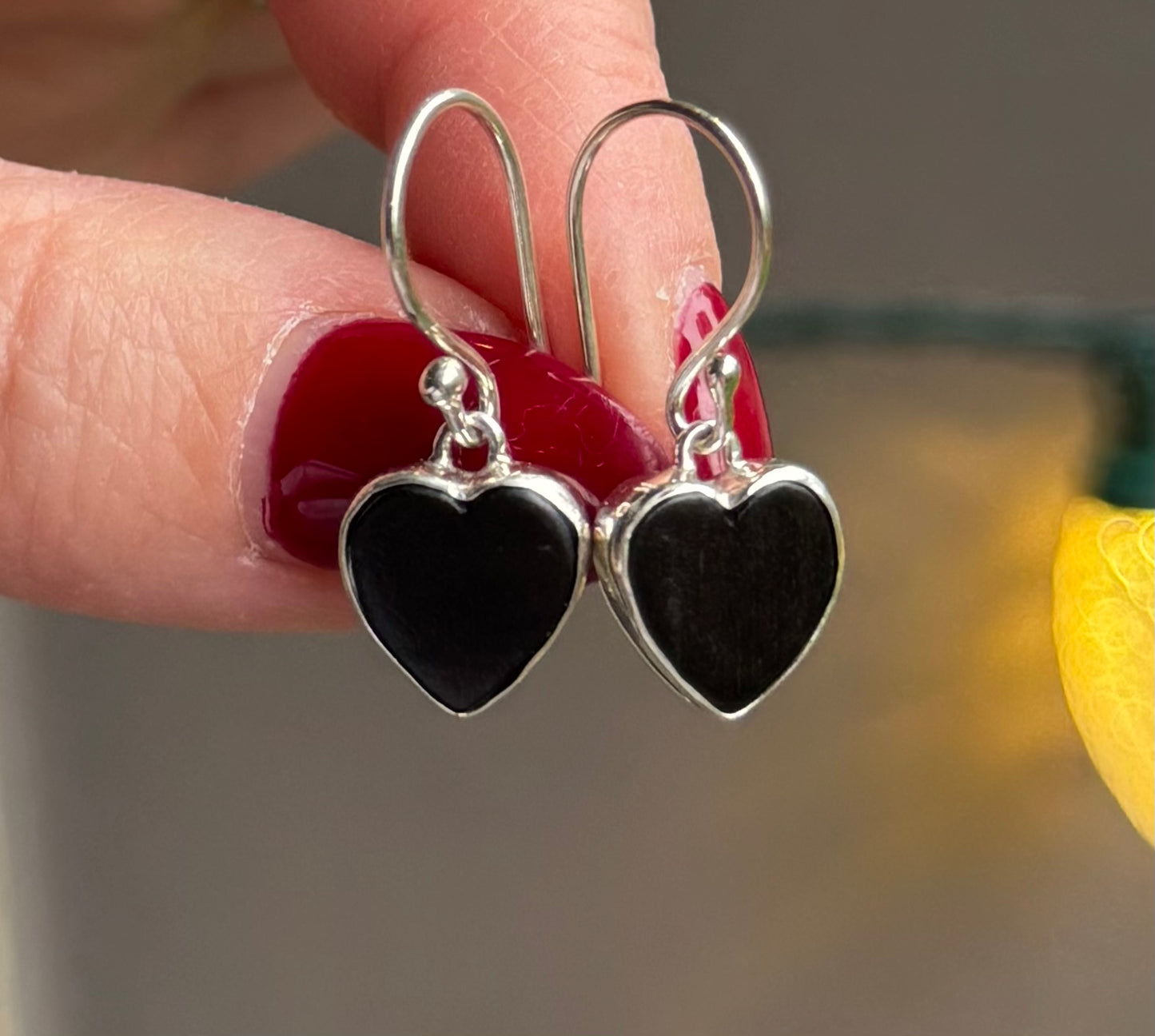 Vintage Ebony Wood Heart Earrings