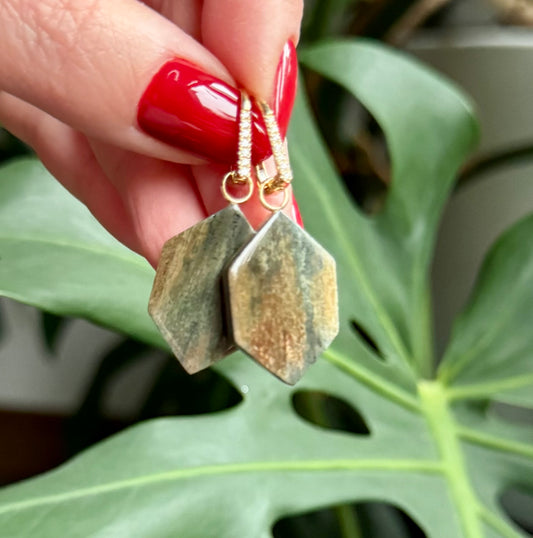 Rare Blue Mammoth Ivory Hexagon + 14kt Diamonds Lever Back Earrings