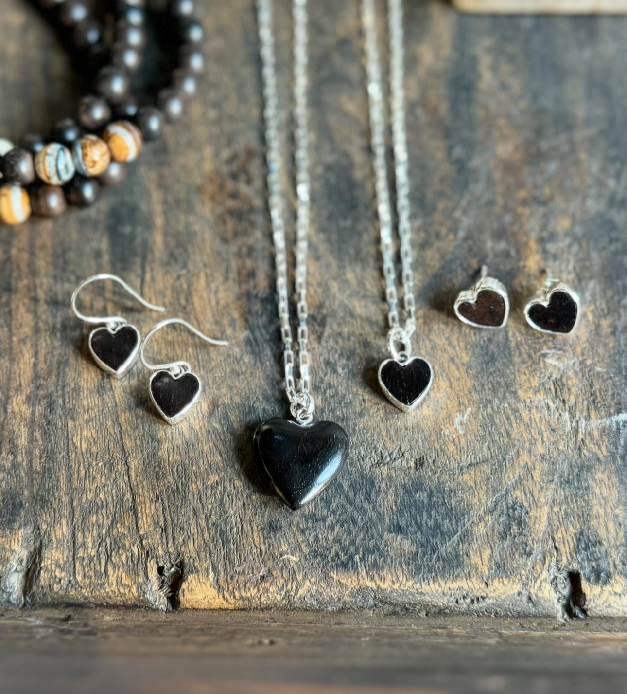 Vintage Ebony Wood Heart Earrings