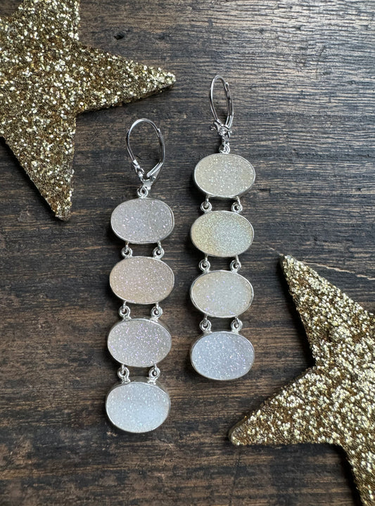 Iridescent White Druzy Ovals Earrings