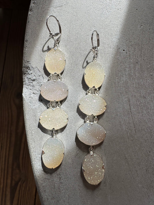 Iridescent White Statement Druzy Oval Earrings