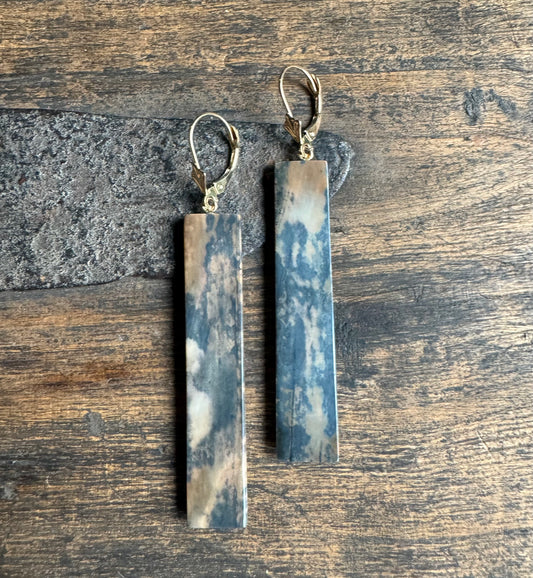 Fossil Walrus Ivory Rare Blue Rectangle Earrings