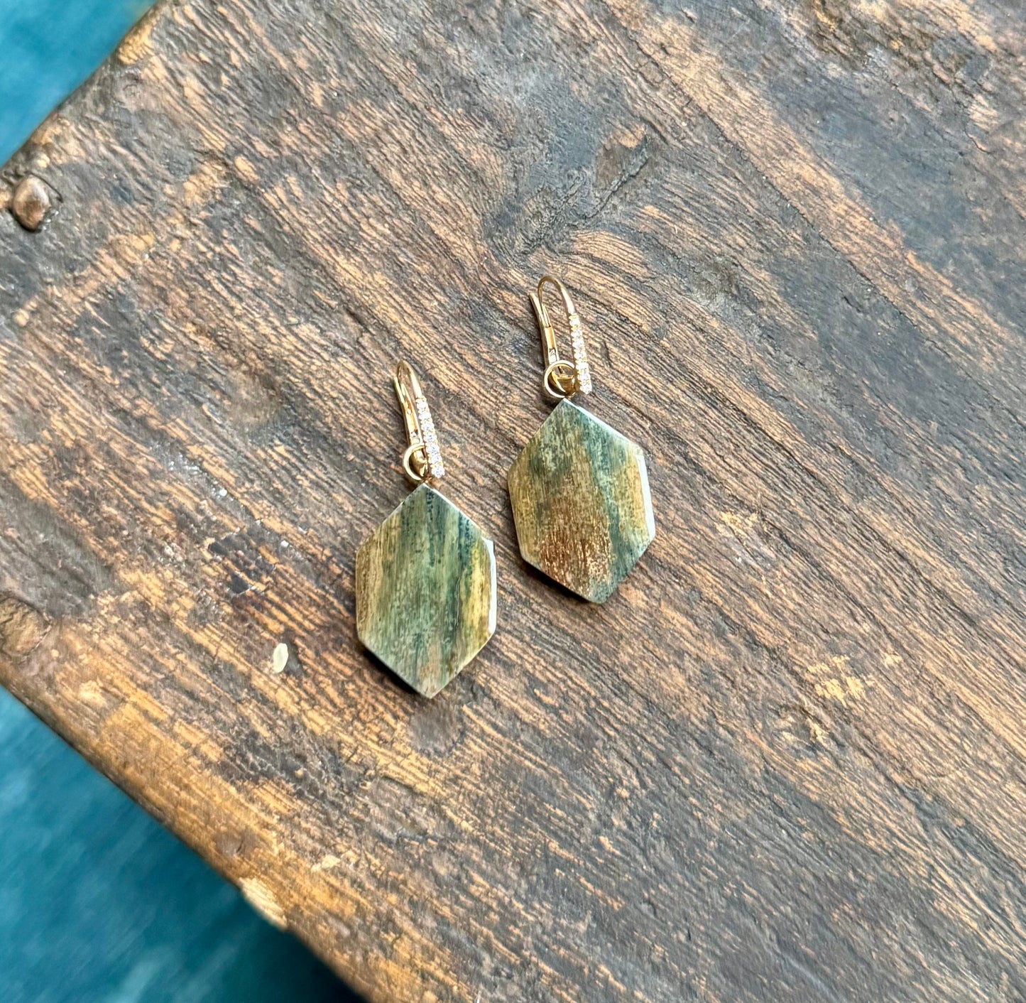 Rare Blue Mammoth Ivory Hexagon + 14kt Diamonds Lever Back Earrings