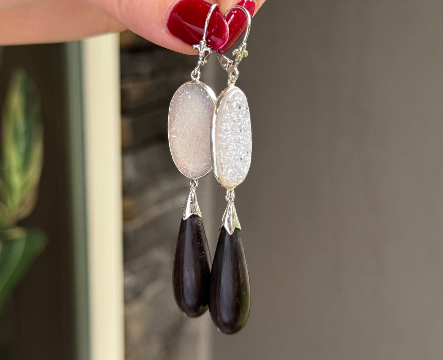 Vintage Ebony Drop and Druzy Earrings