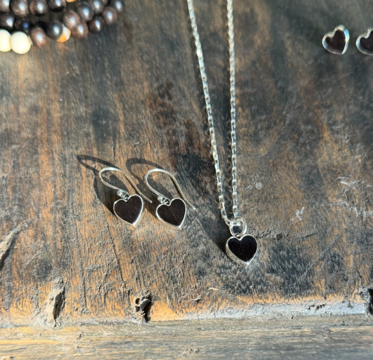 Vintage Ebony Wood Heart Earrings