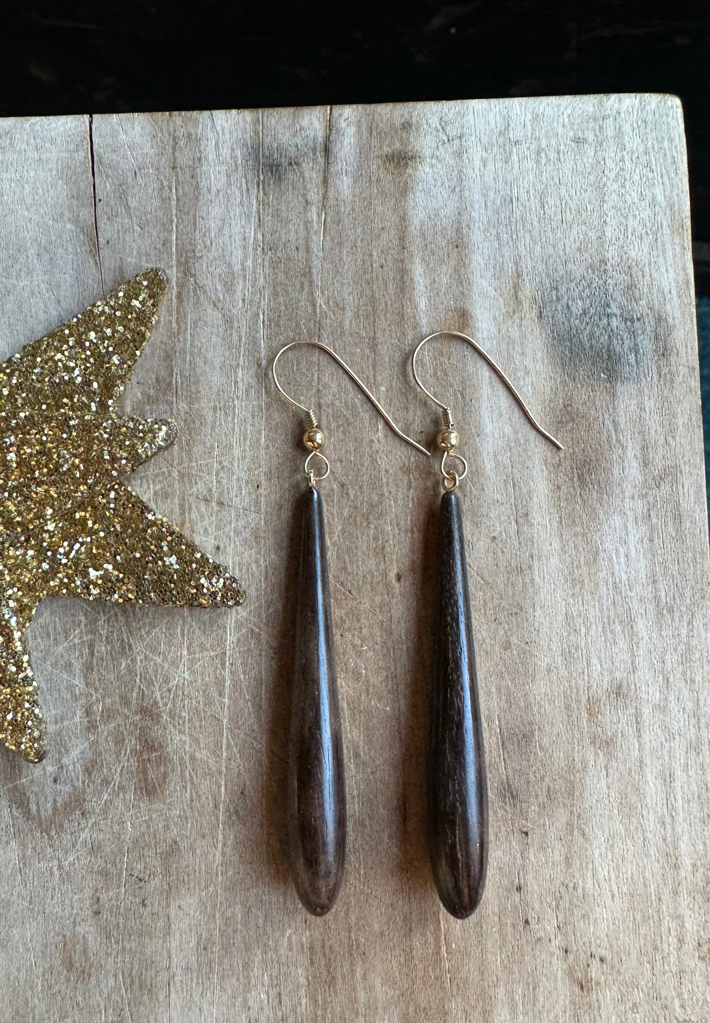 Vintage Ebony Wood + 14kt Gold Long Drop Earrings