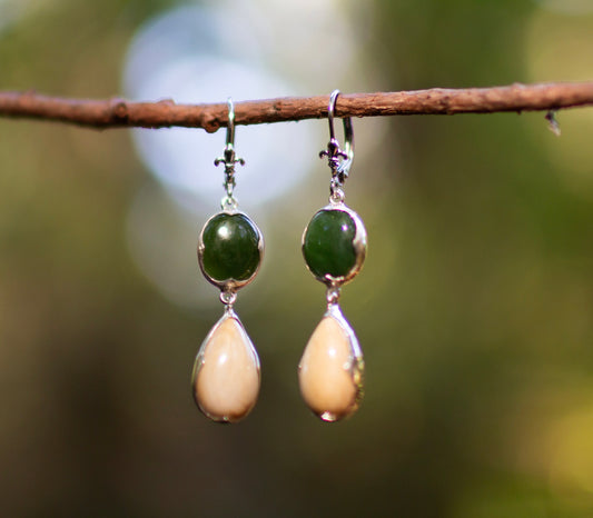 Jade Oval + Mammoth Ivory Drop Earrings