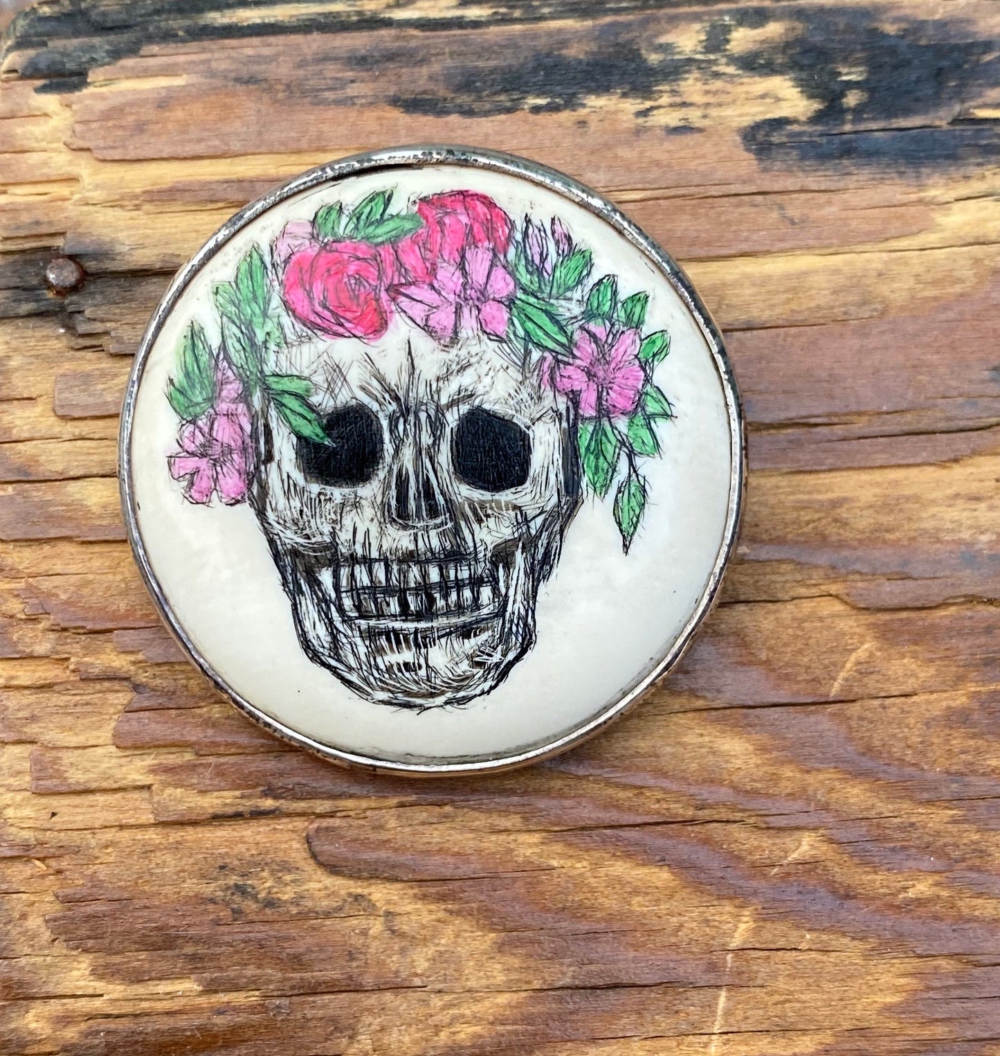 Scrimshaw Round Skull with Floral Crown Pin/ Pendant