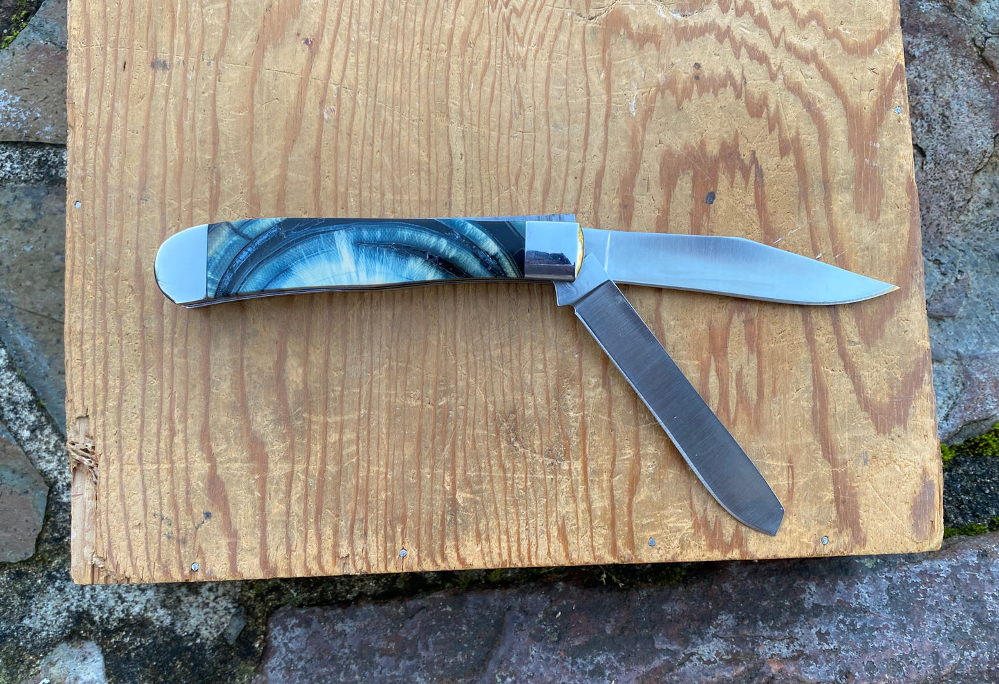 Double Blade Color Treated Mammoth Ivory Trapper Cross Cut Pocket Knife